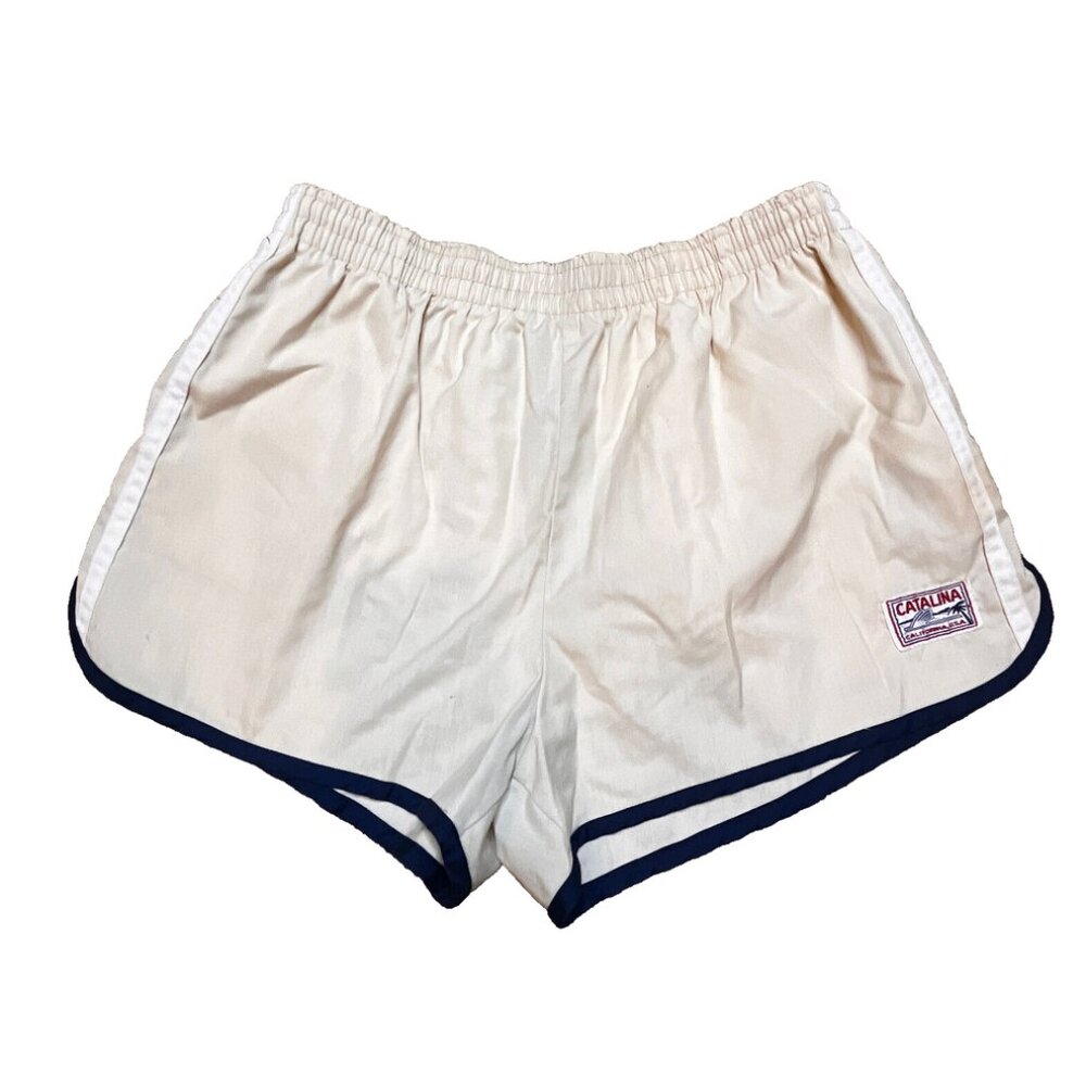 Vtg 80s Catalina Sz 38 Beige Blue Piping Stripe Surf Board Shorts Running Men